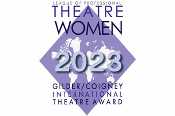 A map of the world in a purple diamond shape with the words League of Professional Theatre Women 2023 Gilder/Coigney International Theatre Award superimposed on it