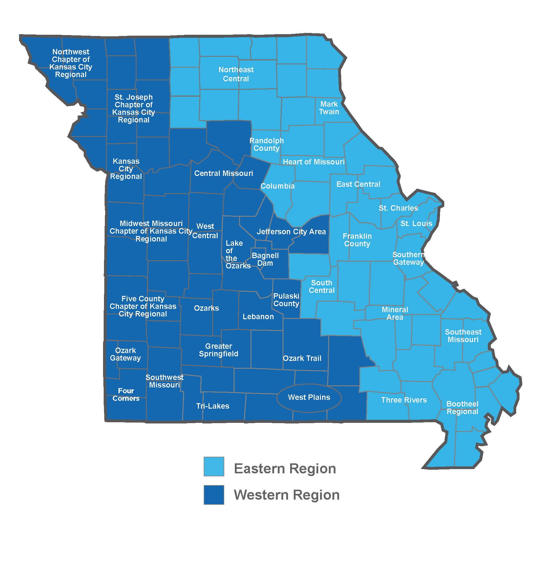 A map of Missouri split into Western, Central, and Eastern regions.