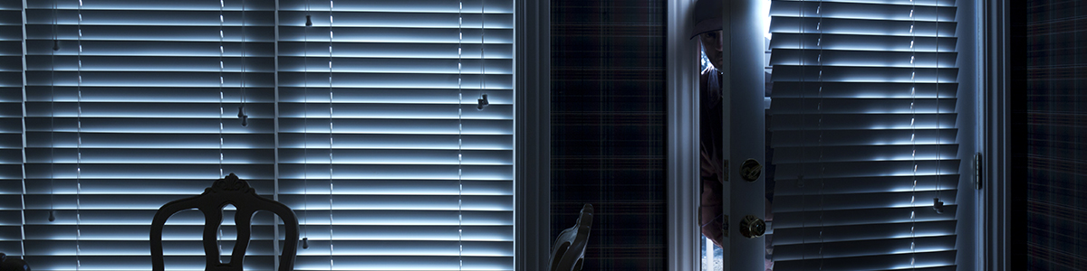 This photo illustrates a home break in at night through a back door from inside the residence.