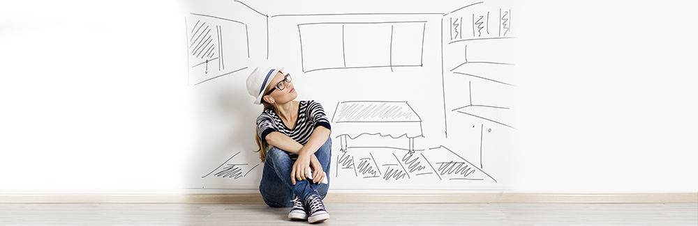 Dreaming woman in headset over drawn living room background