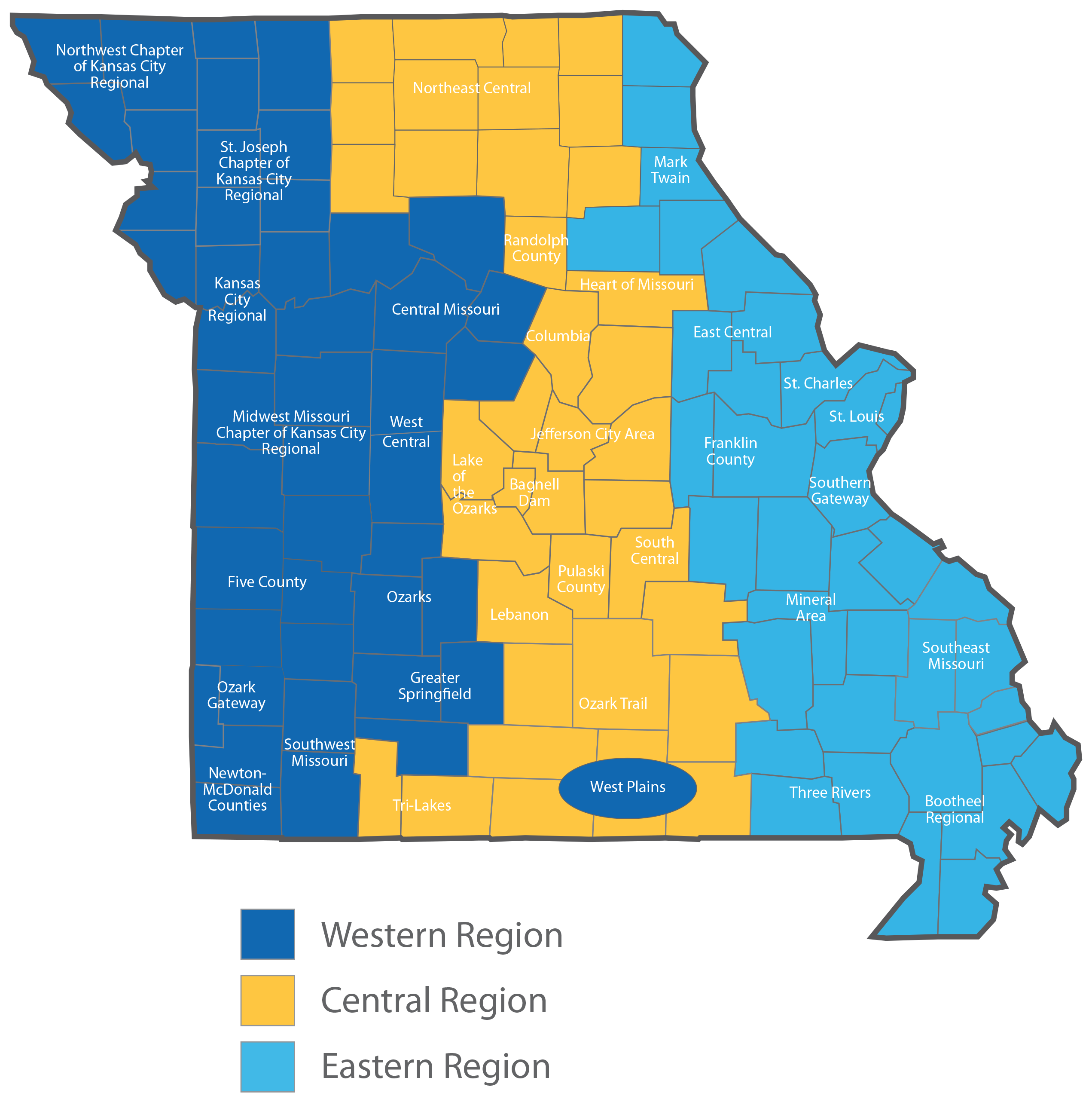 Missouri REALTORS® Advocacy Regions A map of Missouri split into Western, Central, and Eastern regions.