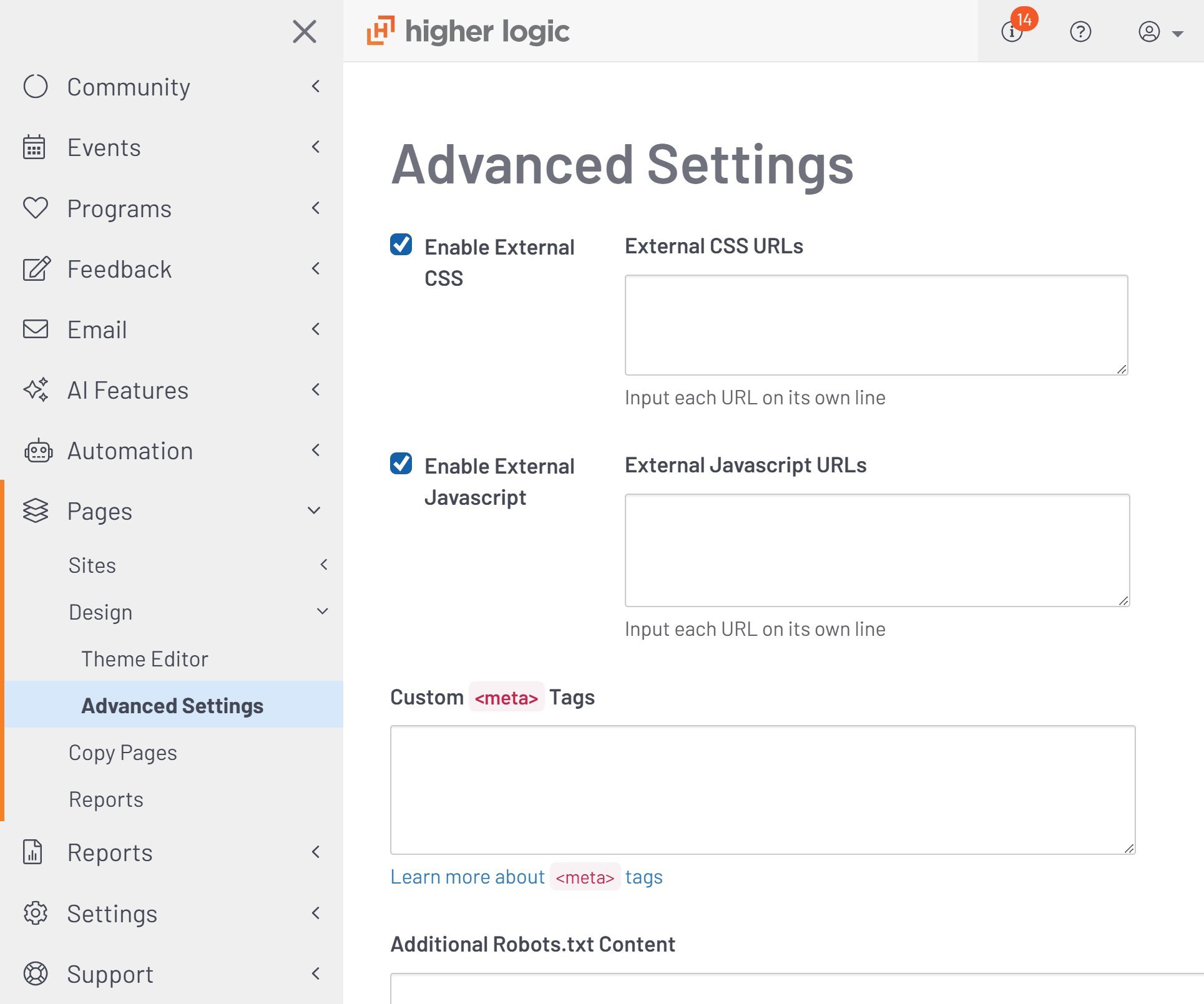 Higher Logic admin portal — Advanced Settings screen showing Enable External CSS and Enable External Javascript options with URL input fields