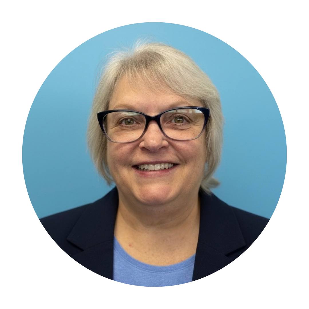 Judy Byrge Headshot - photo on blue background