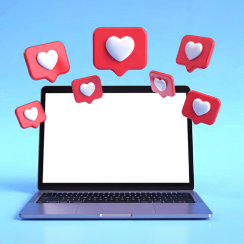 Laptop on bright blue background with heart emojis appearing like social media notifications.