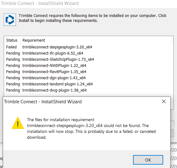 could not install latest trimble connect 1.20.0.512x64 Trimble