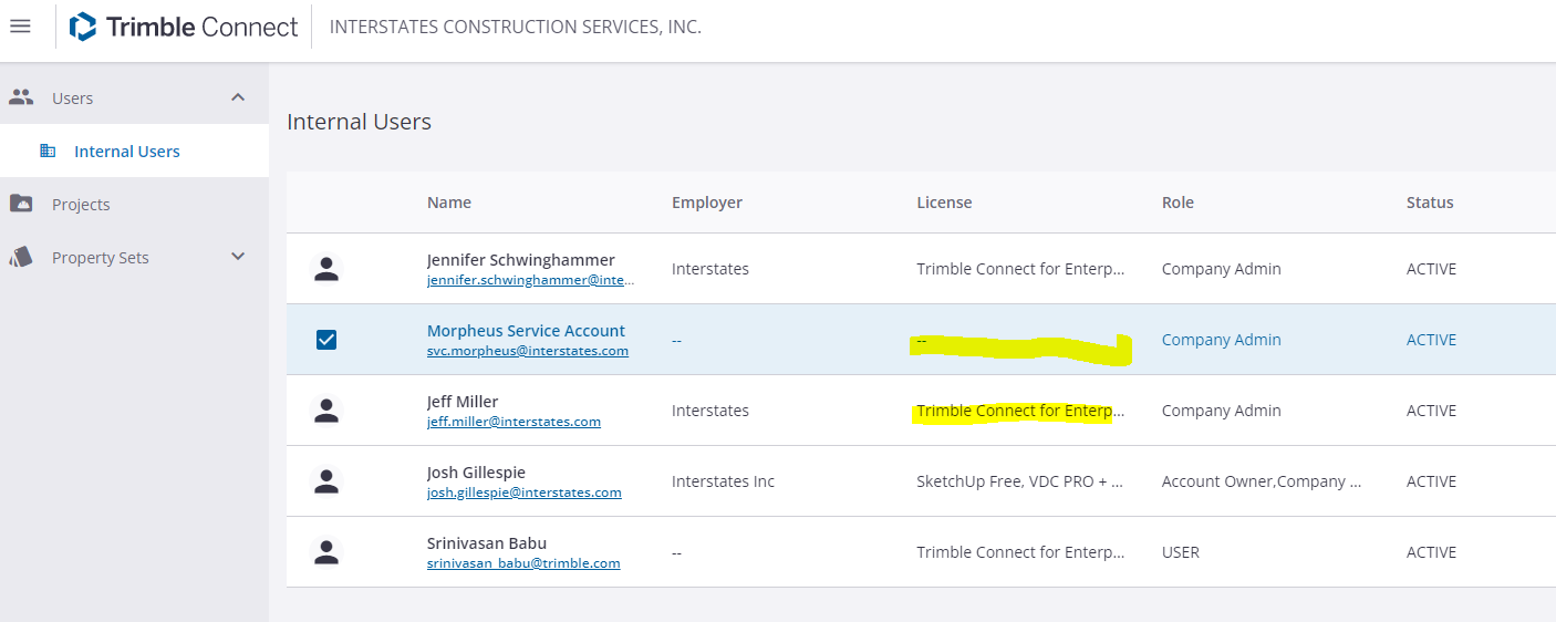 Trimble Connect for Enterprise License to Service Account Admin