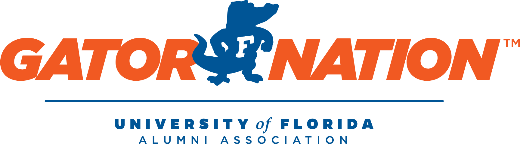 Horizontal Gator Nation Logo with Fighting Albert in the middle of Gator Nation standing above the University of Florida Alumni Association