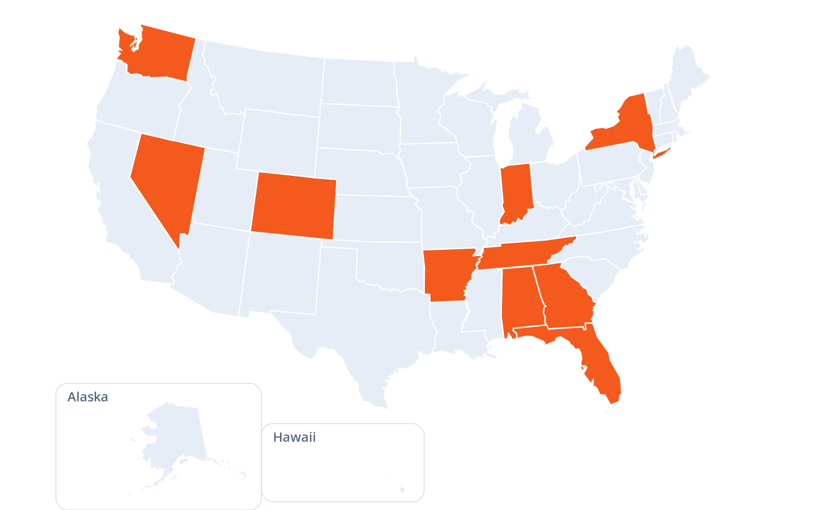 United States map showing 2026 Welcome to the Gatorhood events by state. Orange states have events.