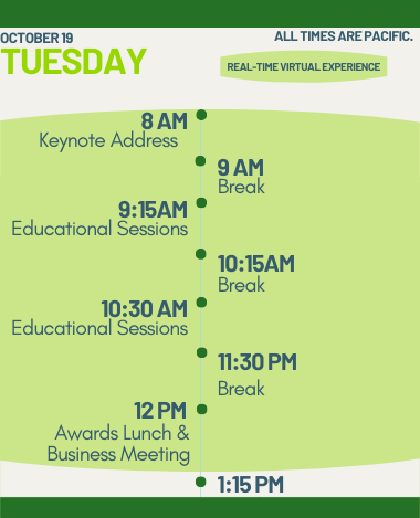 Pacific Time: 8 am Keynote Address, 9:00 am Break, 9:30 am Educational Sessions, 10:30 am Break, 11:00 am Educational Sessions, 12:00 pm Business Meeting & Awards Ceremony