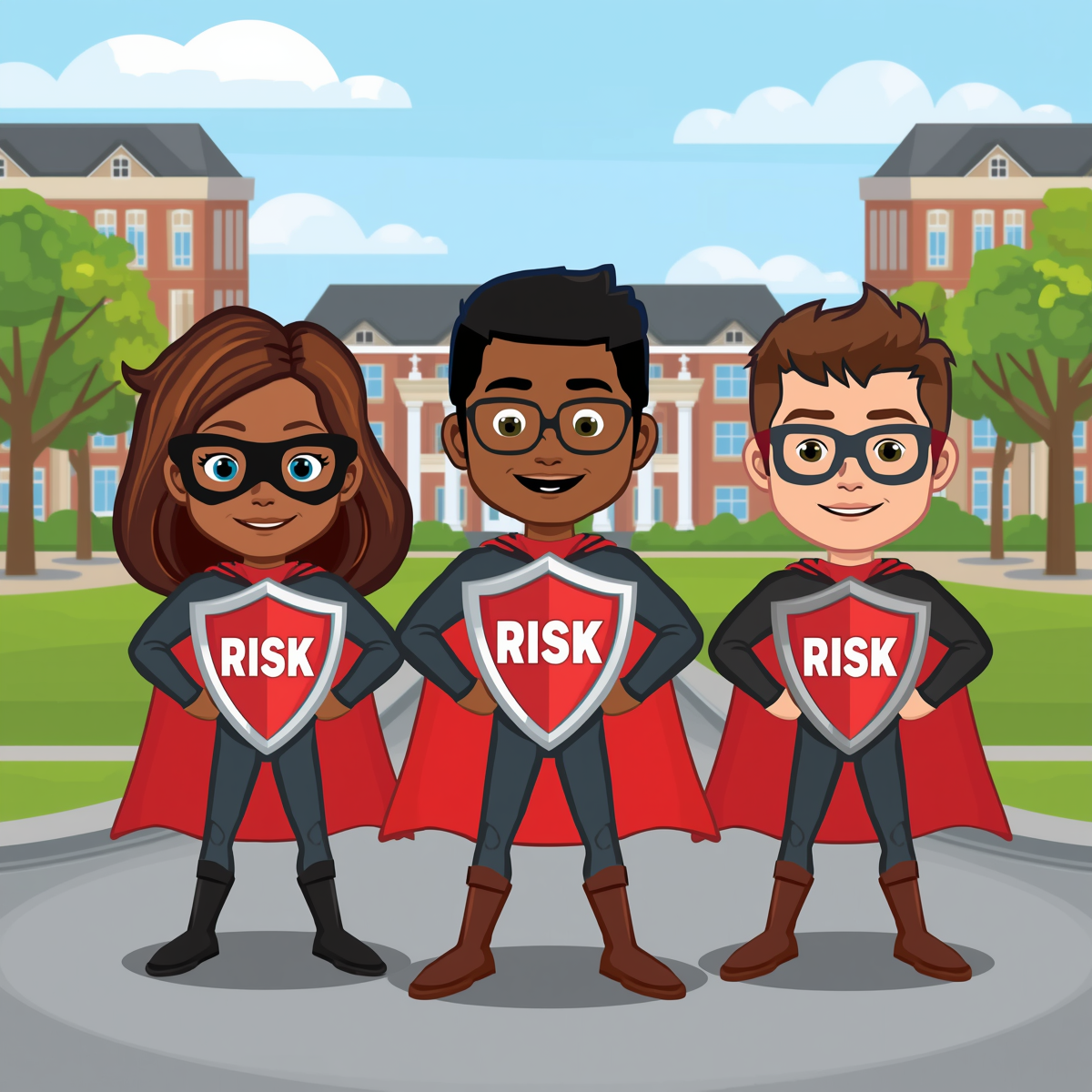 Cartoon dipiction of some higher ed risk management heroes