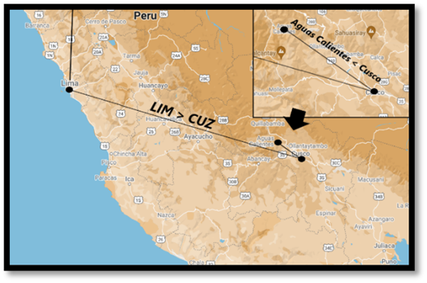 Map of itinerary between two points in Peru