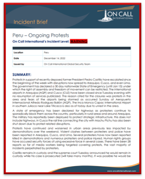 Example of an incident brief regarding  ongoing protests in Peru