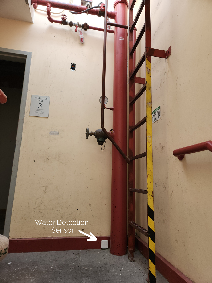 Water detection sensor installed at base of wall next to pipe