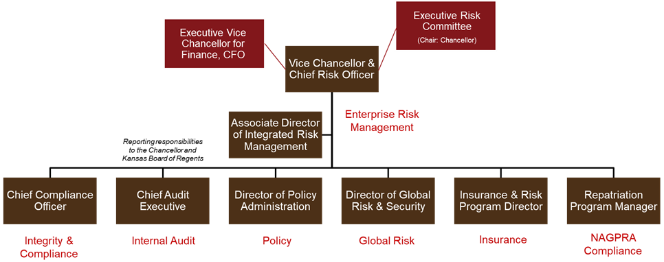 An organizational chart showing how the Office of Audit, Risk & Compliance is structured at University of Kansas