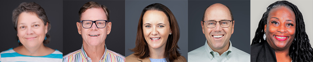 Headshots of Julie Groves, Steven Stoeger-Moore, Stacie Kroll, Kim Nimmo and Melany Patrong