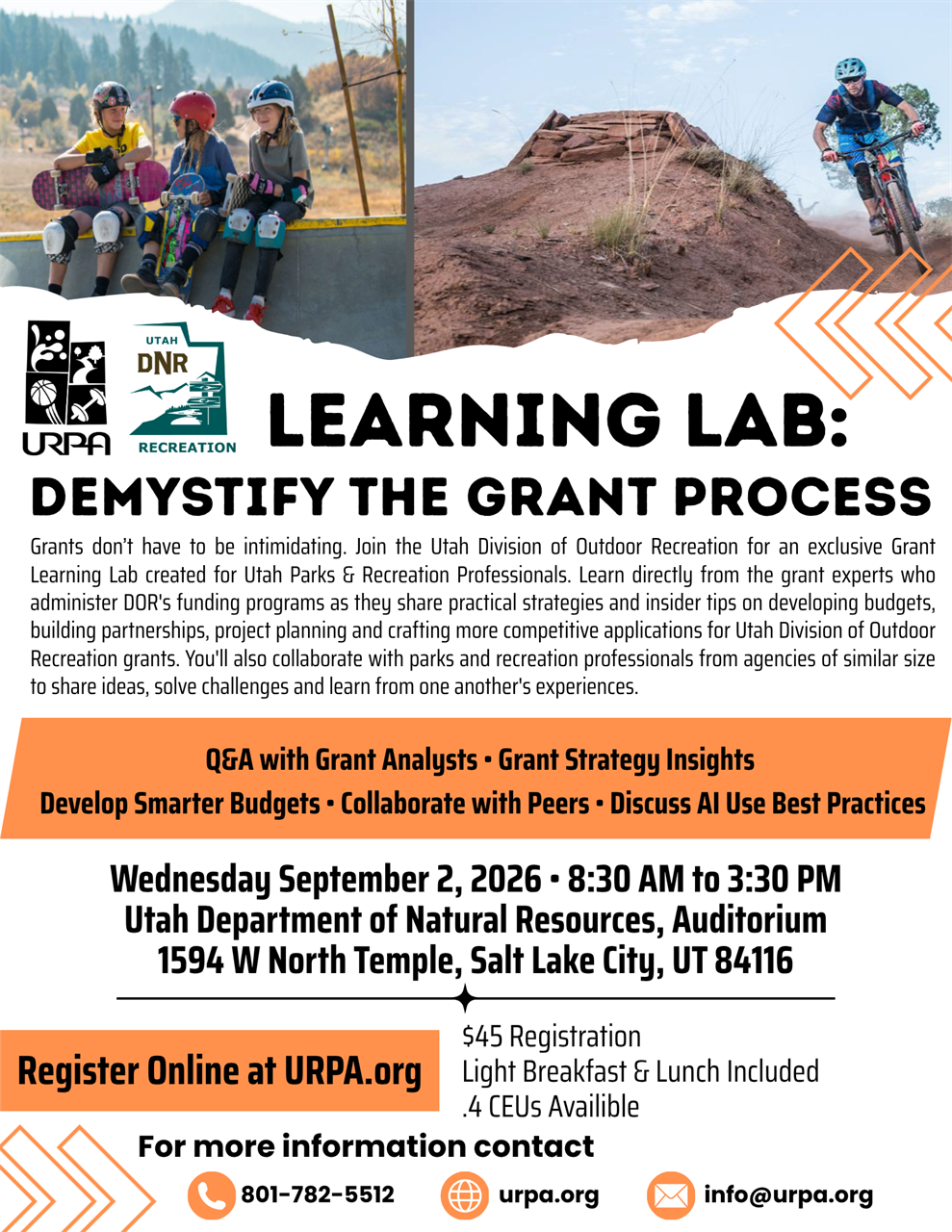 the flyer for the Utah DOR Grant workshop, includes image of children at a skate park & a mountain biker along with the workshop date and time