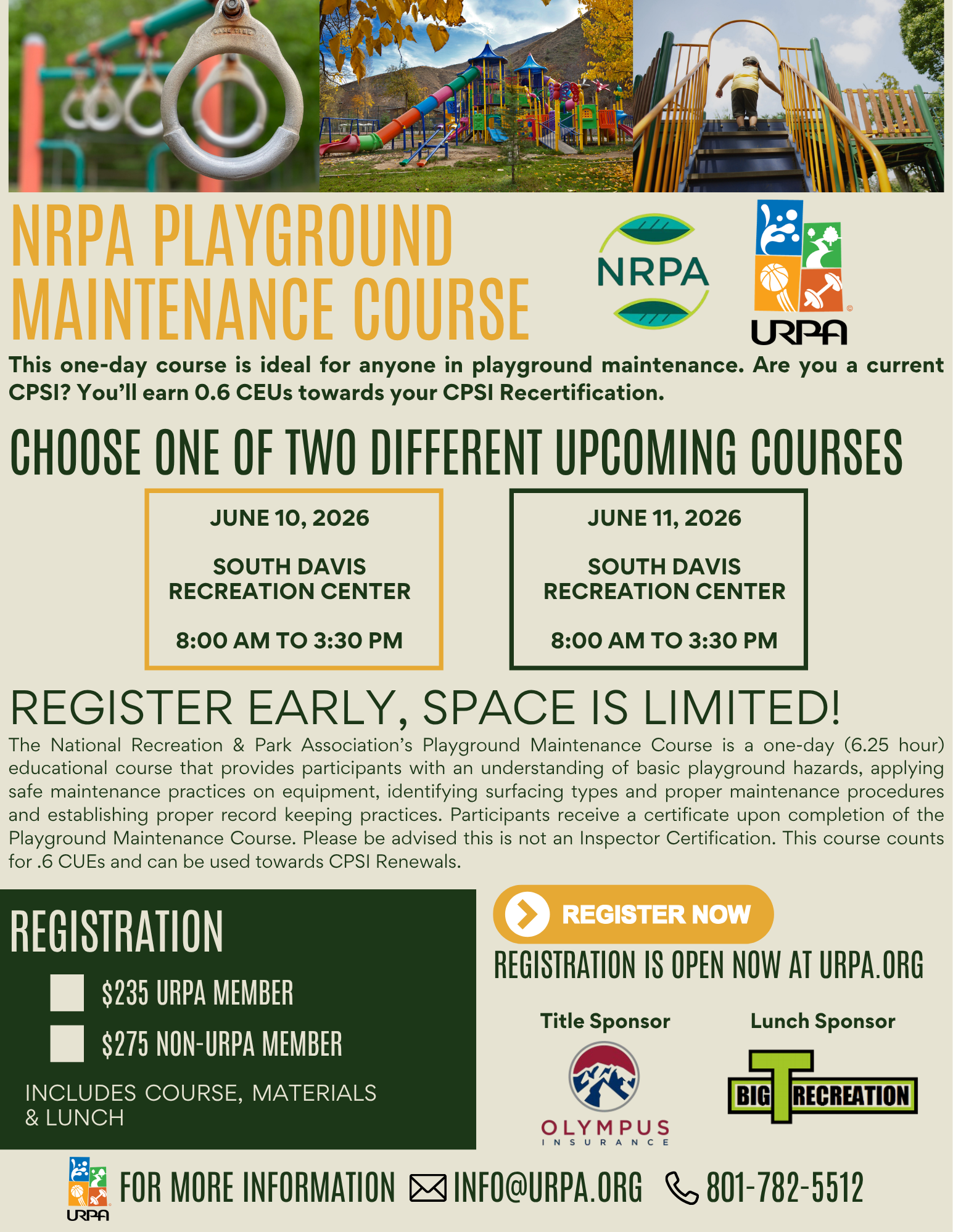 Flyer with information about NRPA Playground Maintenance Course June 10 or 11th