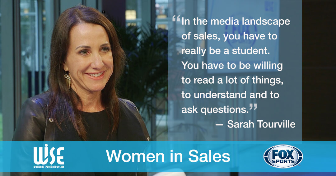 Women in Sales slide number 1: an image and quote from Sarah Tourville "In the media landscape of sales, you have to really be a student. You have to be willing to read a lot of things, to understand and to ask questions."