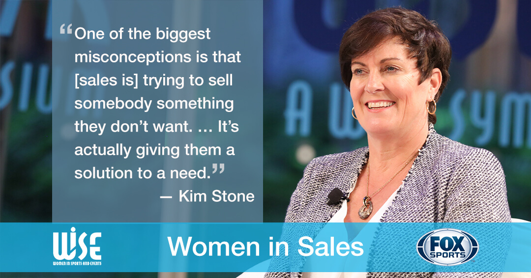 Women in Sales slide number 6: an image and quote from Kim Stone "One of the biggest misconceptions is that [sales is] trying to sell somebody something they don't want. ...It's actually giving them a solution to a need."