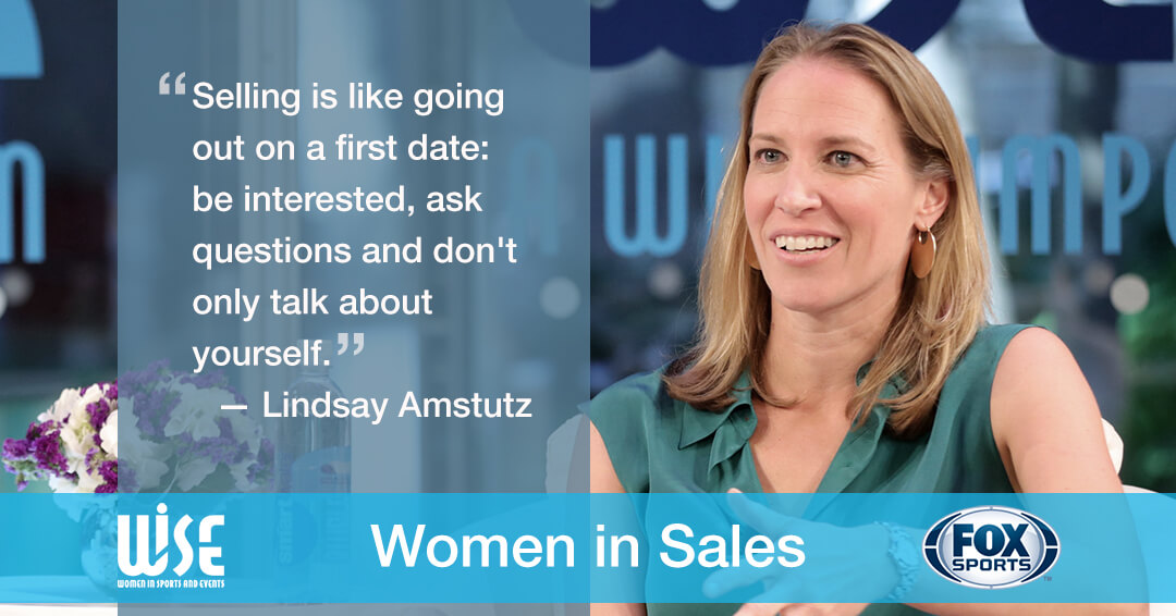 Women in Sales slide number 9: an image and quote from Lindsay Amstutz "Selling is like going out on a first date: be interested, ask questions and don't only talk about yourself."