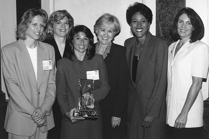 Left to right: Val Ackerman, Sue Rodin, WISE Woman of the Year Lydia Stephans holding her award, Kathy Davenport, Robin Roberts and Lesley Visser