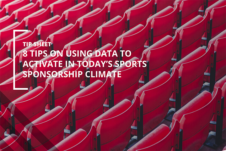 Background of red stadium chairs with the text "Tip Sheet: 8 Tips on using data to activate in today's sports sponsorship climate" written on top
