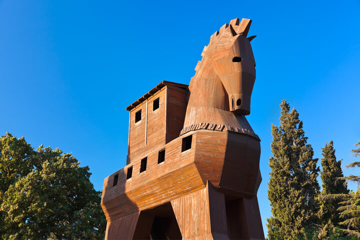 Wood Treehouse in the shape of a Horse and trees in the background