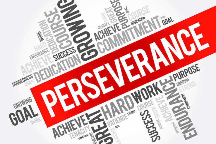 Word collage surrounding the main word "perseverance"