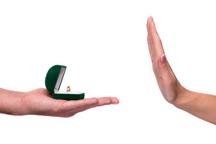 Person holding out a ring and other person rejecting it.