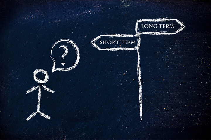 A person icon confused while looking at signs that say "Short Term" and "Long Term"