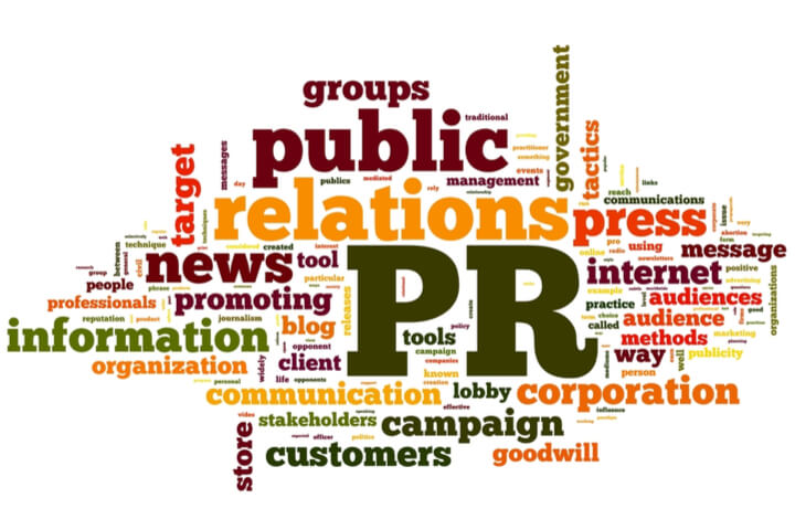 A word collage that consists of words having to do with public relations