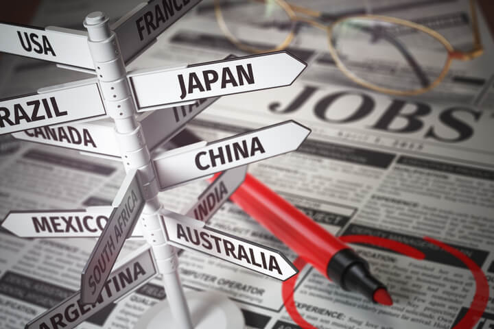Signs pointing to different countries, such as "Japan," "China," and "Australia"