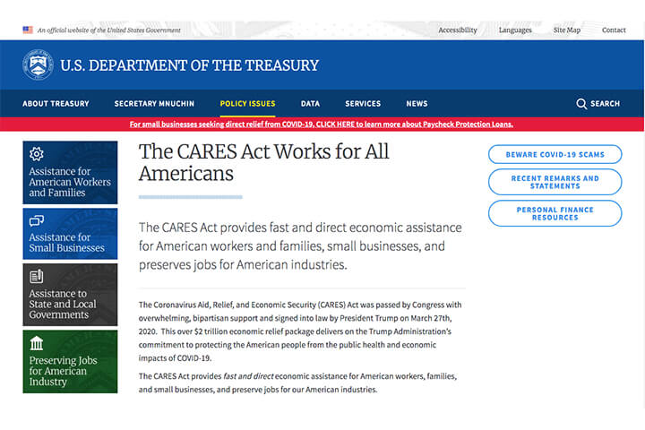 U.S. Department of Treasury website screenshot of "the CARES act works for all Americans"