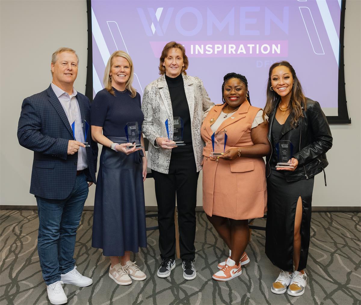 2023 WOI Honorees (l-r):  Allyship - Todd Blouin (Genesco Sports), Legacy - Katie Wegener (Genesco Sports), Woman of Inspiration - Judy MacLeod (Conference USA), Feet on the Street - LaDondra Wilson (Dallas Wings), Woman to Watch - Shelbie Whitten (Safe Harbor Marinas). Not Pictured: Heart & Soul - Karin Morris (Texas Rangers because they were clinching the World Series!)