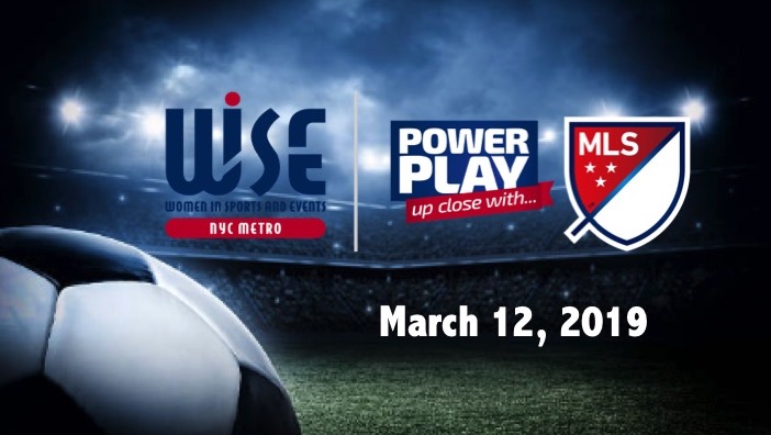 WISE NYC Metro Power Play up close with... and MLS logos, March 12, 2019. Soccer ball pictured bottom left