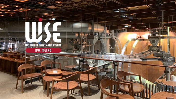 Inside of Starbucks Reserve with the WISE NYC Metro logo in the top left corner