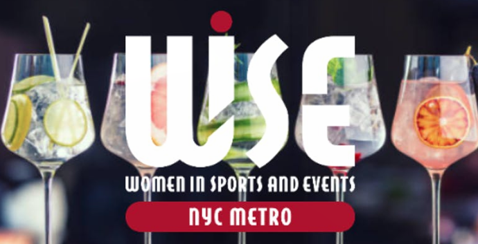 WISE NYC Metro logo with cocktail drinks behind the logo